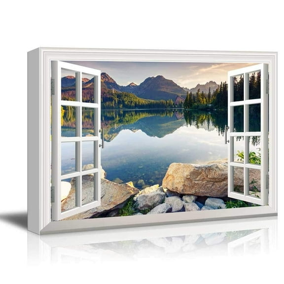 Wall26 Creative Window View Canvas Prints Wall Art - Peaceful Lake in Autumn - 24" x 36"