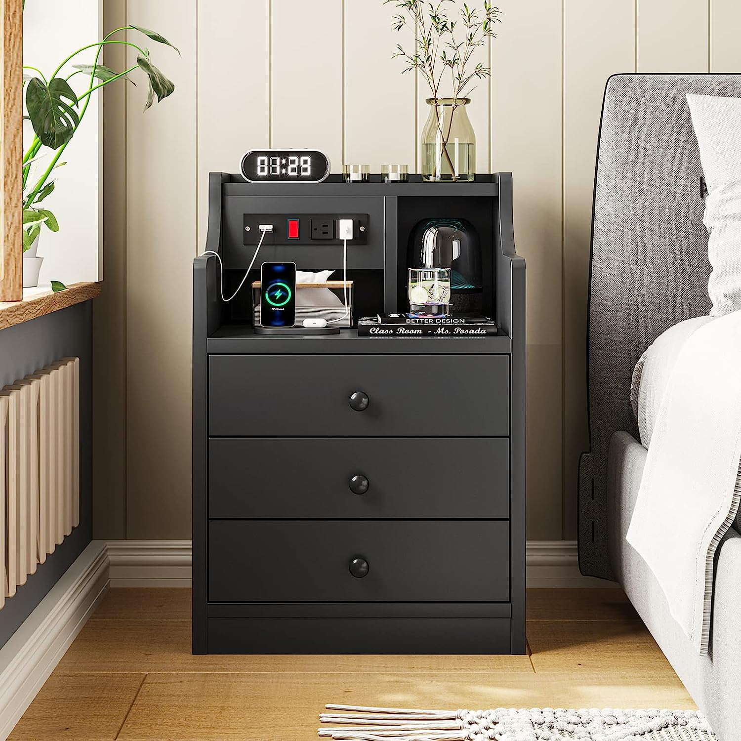 Black Nightstand with 3 Drawers & Hutch,Nightstand with Charging Station,USB Ports and Outlet,End Side Table Bedside Table