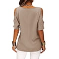 thumbnail image 2 of Camiseta de manga corta de color puro para mujer Blusa de manga corta de color liso transpirable holgada con hombros descubiertos, 2 of 6