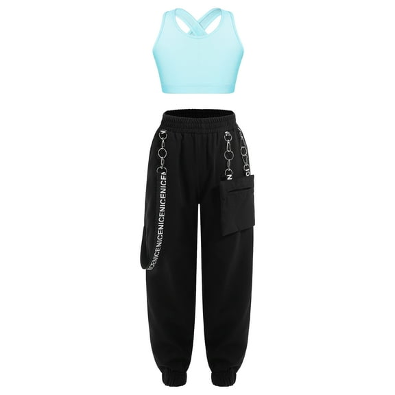 YiZYiF Kids Girls Sleeveless Criss Cross Back Crop Top with Chain Sweatpants Outfit Hip-Hop Dance Costume Light Blue 12