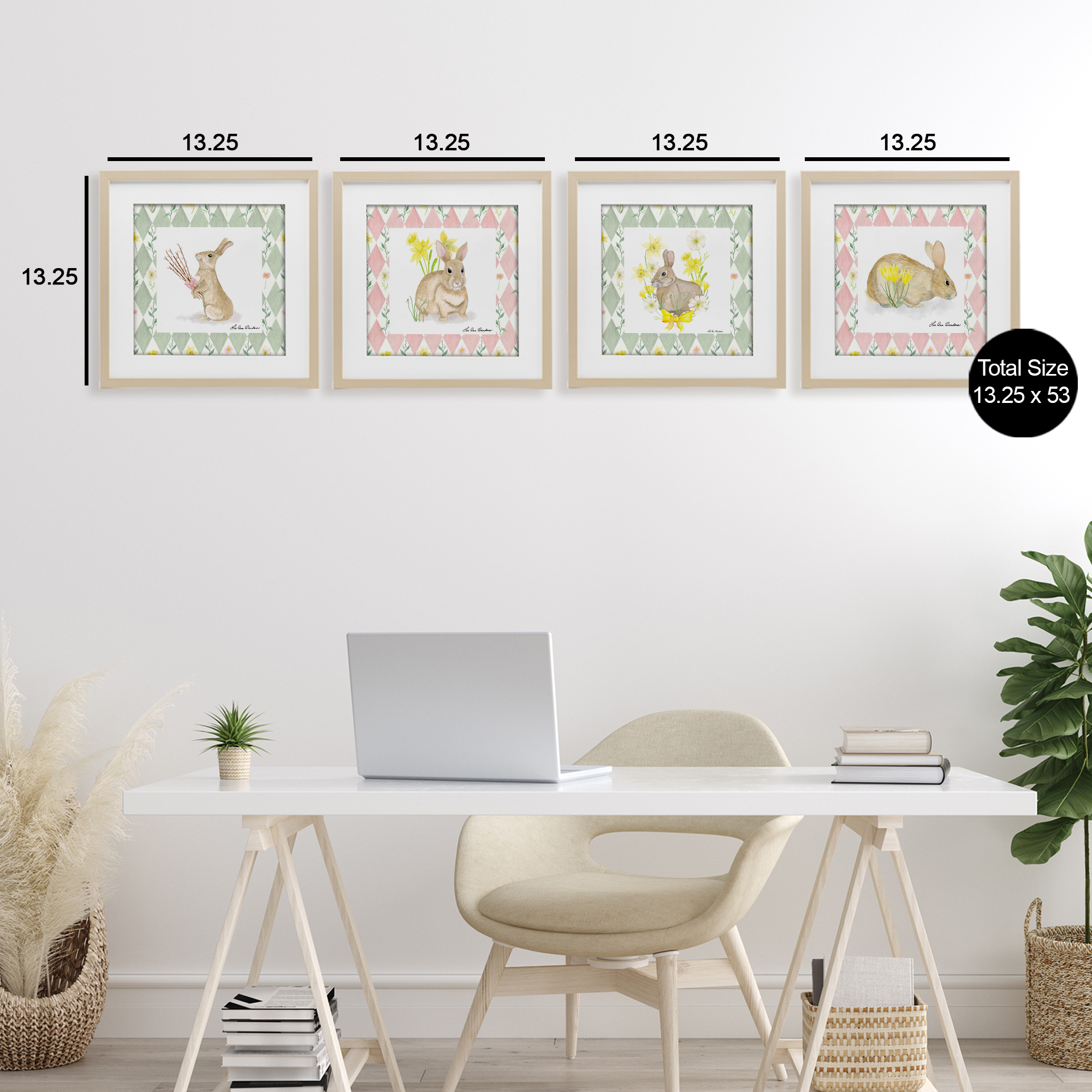 Spring Bunnies on Argyle 4 Piece Birch Framed Print Under Glass Set, design by Lee Ann Sanders