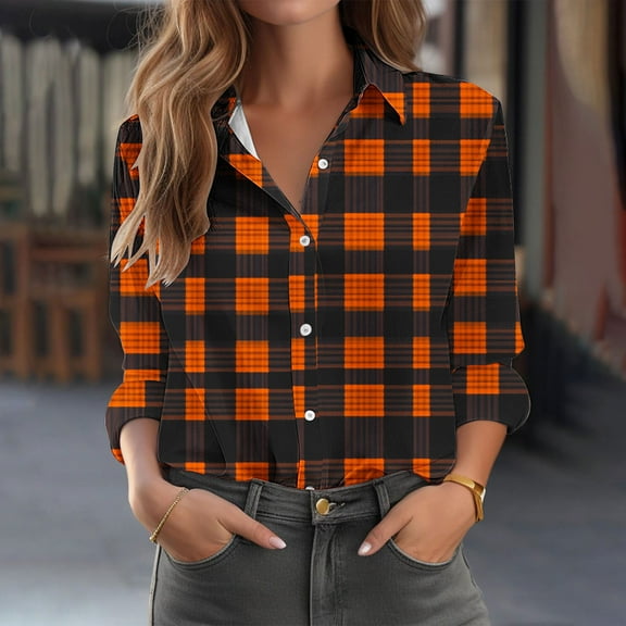 hotojiny Womens Button Down Shirts Trendy Casual Plaid Long Sleeve Lapel Blouse Lounge Spring Summer Tops