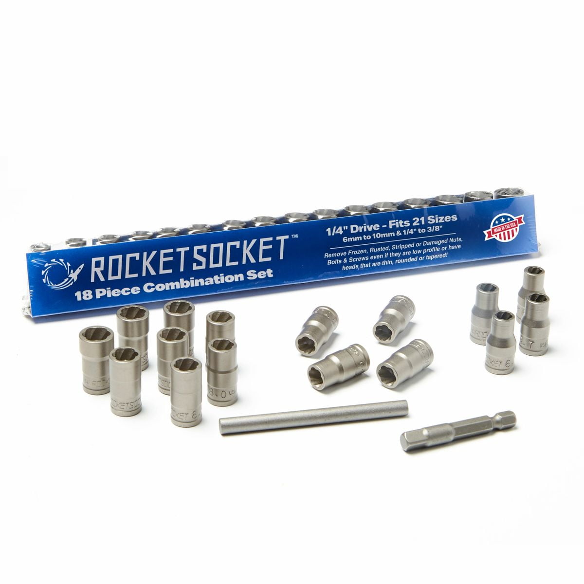 ROCKETSOCKET - Bolt, Nut & Screw Extraction Set - 18 pieces, 1/4" Drive - FREE USA SHIPPING!