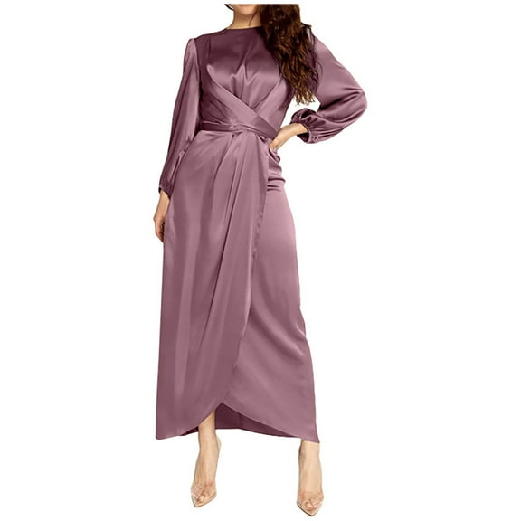 Elegant Wrap Front Wedding Guest Dresses for Women Fall Long Sleeve High Waist Maxi Dress Solid Crewneck Evening Dress