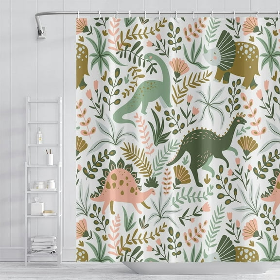 Sonernt Dinosaur Themed Bathroom Shower Curtain Green Dino Tropical Leaves Shower Curtain with Hooks Waterproof Fabric Polyester Shower Curtain for Kids Baby Bathtub Decorative, 72x72 Inch