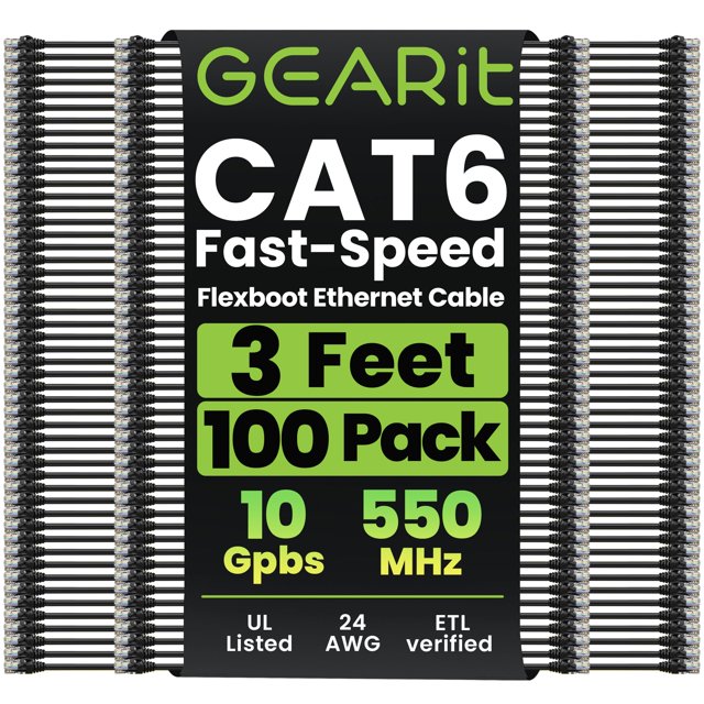 Cable Ethernet GEARit Cat 6 de 3 pies, paquete de 100, 10 Gbps, negro