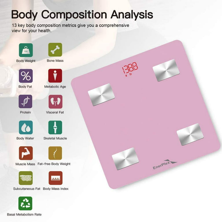 EnerPlex Scale for Body Weight Bluetooth Digital BMI Bathroom Body  Composition Analyzer & Smartphone Track App - Pink