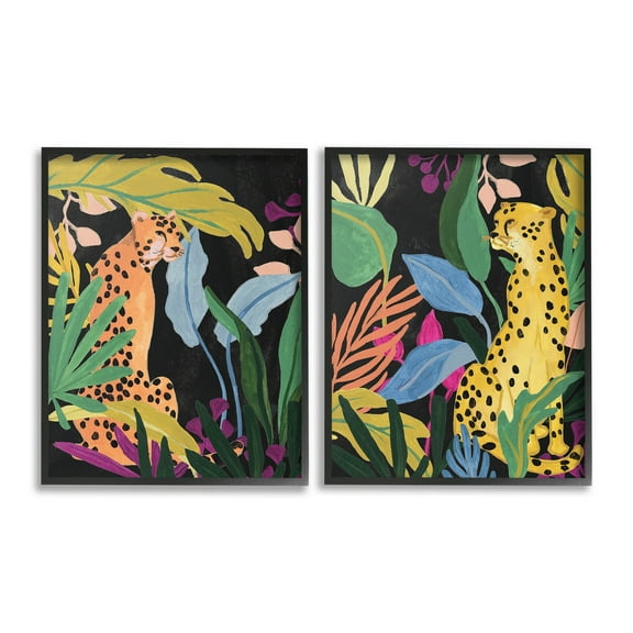 Stupell Industries Leopards & Tropical Leaves Animals & Insects Painting Black Framed Art Print Wall Art, 11 x 14, Set of 2