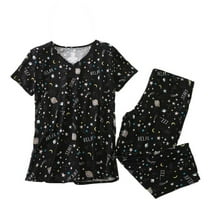 Defitshape Women's Capri Pajama Set 2 piece Pj Cartoon Printed Chic Cute Cotton Pant Sleepwear Short Sleeve Summer Loungewear Patterned7 Large