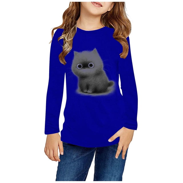 RXIRUCGD Chemises à Manches Longues pour Filles, Col Rond Mignon, Blouses Décontractées Élégantes (Bleu, Taille : 7 Ans)