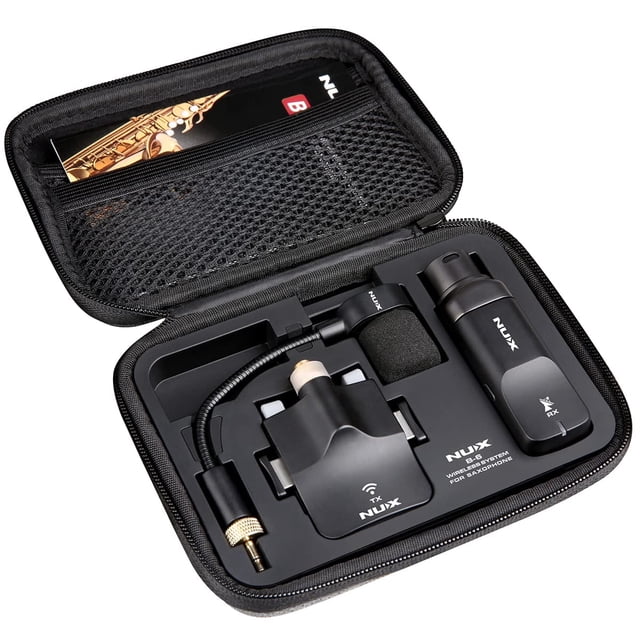 Sistema inalámbrico de saxofón NUX B-6 con estuche de carga, rango de operación de 20 metros, audio de alta resolución de 24 bits/44,1 kHz, micrófono de saxofón inalámbrico de 2,4 GHz