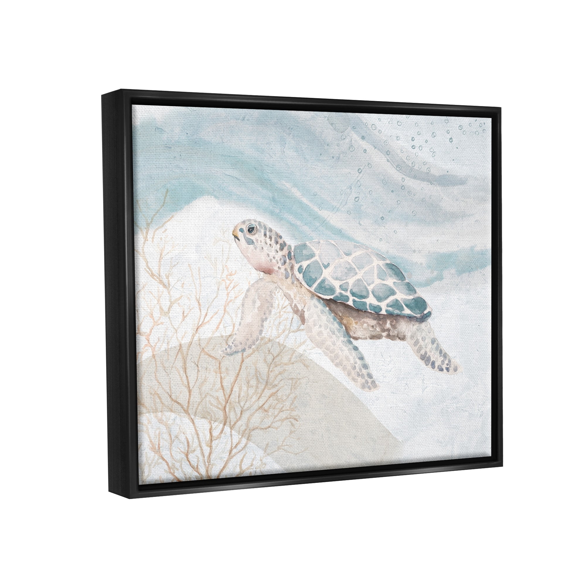 Stupell Industries Pleasant Sea Turtle Drifting Ocean Bubble Waves Painting Jet Black Floating Framed Canvas Print Wall Art, Design by Patricia Pinto