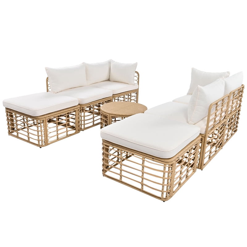 7-Piece Outdoor Sectional Sofa with Coffee Table and 2 Ottomans, Patio Furniture Set with Thick Cushions and Pillows, Outdoor Conversation Set for Garden Backyard