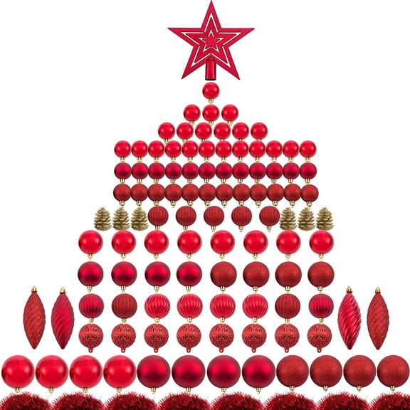 Bibana 119ct Christmas Tree Ball Ornaments Set Assorted Shapes and Sizes Shatterproof Hanging Decoration with Hand-held Gift Package for Christmas Tree Holiday Wedding Party (Red)