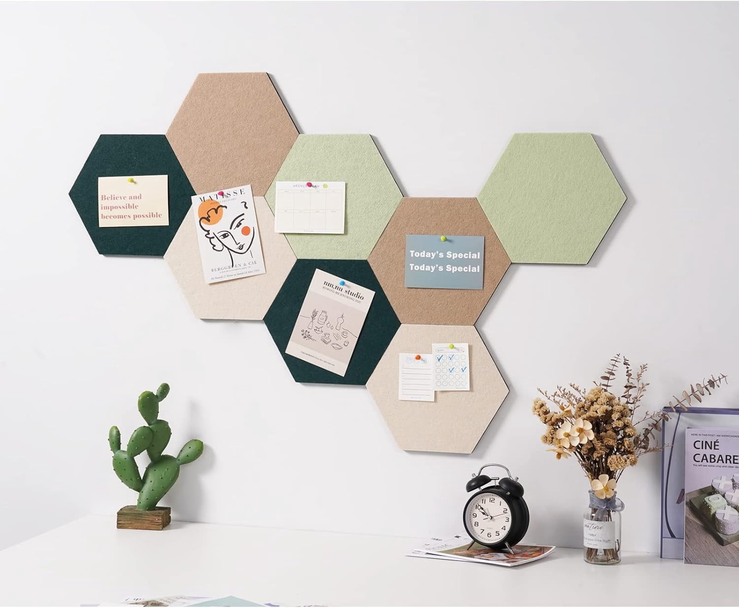 8 Pcs Self Adhesive Felt Bulletin Board Tiles (Large), Hexagon Color Pin Wall for Photos, Pictures, Memos (Green Large)