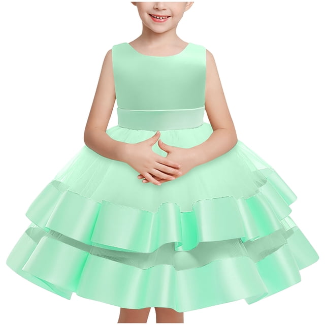 Huvoen Robes pour Bébé Fille, Nouvelle Robe d'Été Sans Manches à Volants en Dentelle, Col Rond Brodé, Jupe Princesse avec Nœud Vert 1 An