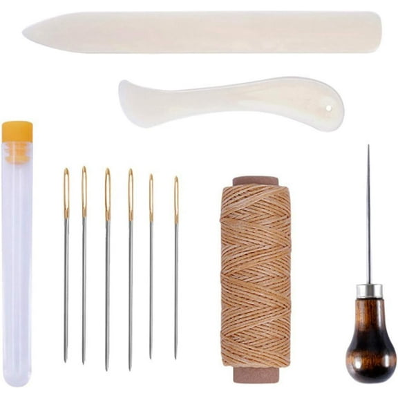 11 Pieces Bookbinding Kit Starter Tools Set Bone Folder Paper Creaser, Waxed Thread, Awl, Large-Eye Needles for DIY Bookbinding Crafts and Sewing Supplies