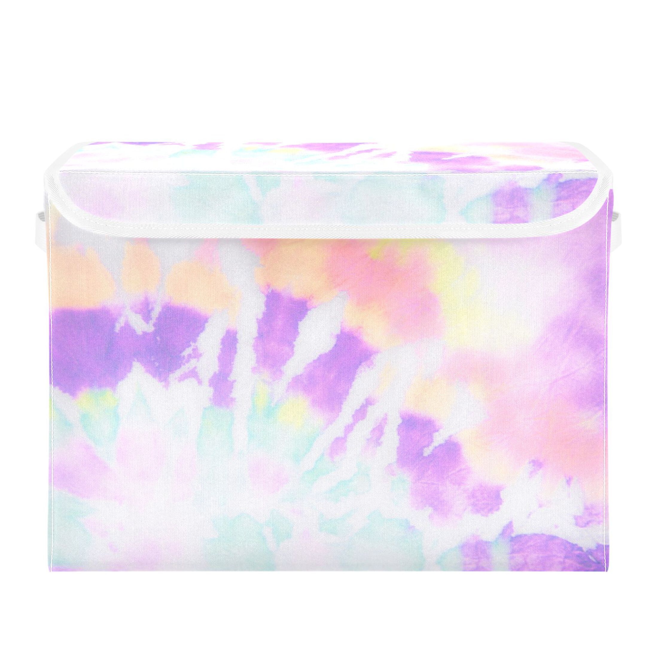 Lavender Spiral Tie-dye Large Lidded Storage Bin Foldable Storage Boxes Cubes Baskets Lids with 2 Handles for Home Bedroom Office 16.5x12.6x11.8inch