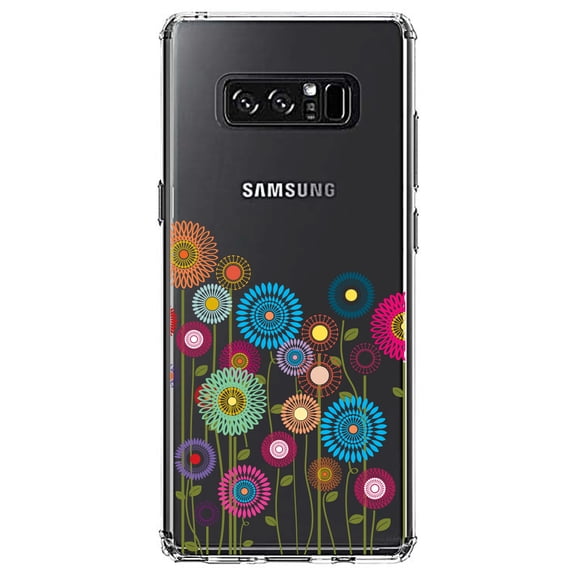 DistinctInk Clear Shockproof Hybrid Case for Samsung Galaxy Note 8 - TPU Bumper Acrylic Back Tempered Glass Screen Protector - Cartoon Wildflowers Stems Leaves