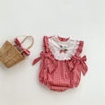 thumbnail image 4 of Rhuody Spring Romper For Girls Crewneck Long Sleeve Baby Girls Romper Jumpsuit Outfit Thin Lace Embroidery Gingham Playsuit With Headband For Classic Wear Red 0-3 Months, 4 of 9