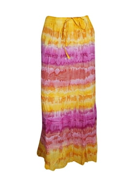 Mogul Women Orange,Pink Tie Dye Long Skirt A-Line Tiered Cotton Summer Style Hippie Chic Gypsy Skirts