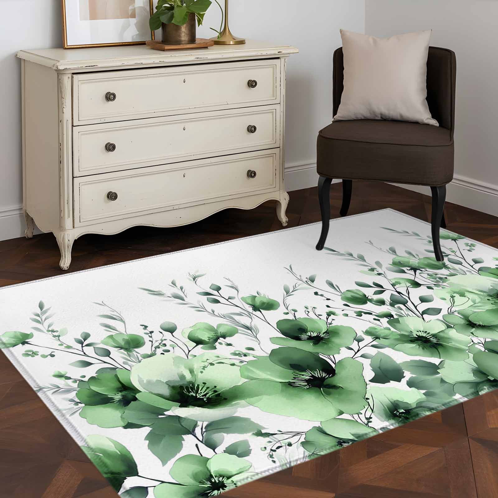 Area Rugs for Living Room Bedroom, Green Blooms Floral 4'x6' Rug Washable Carpet Runner Indoor Outdoor, Farmhouse Spring Flowers Botanical Non Slip Accent Floor Mats Rug for Kitchen, Office