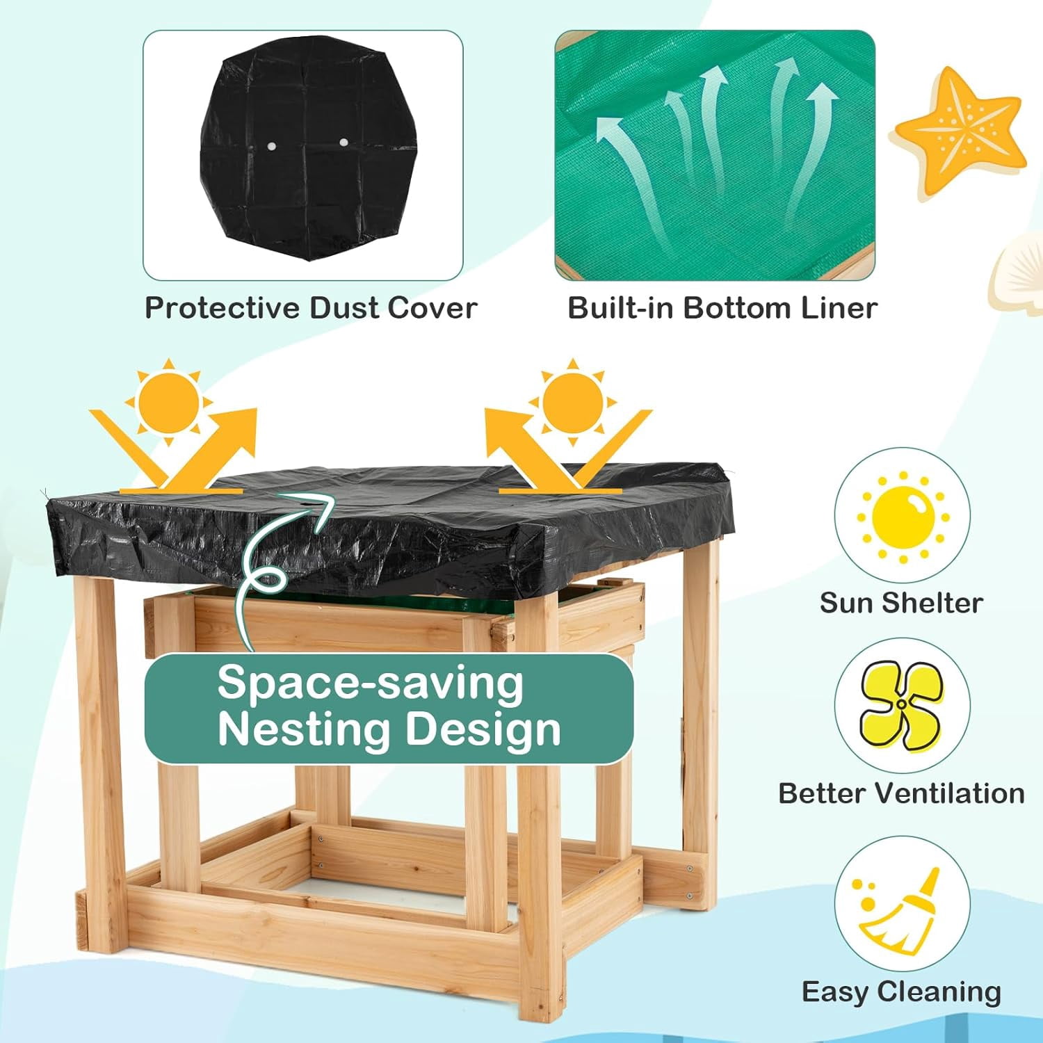 GLACER Sand Table, Space-Saving Toddler Activity Table with Built-in Liner, Protective Cover, Water and Sandbox Table for 3+ Years Old Boys and Girls, 2 Pcs Sensory Table for Garden, , Backyard