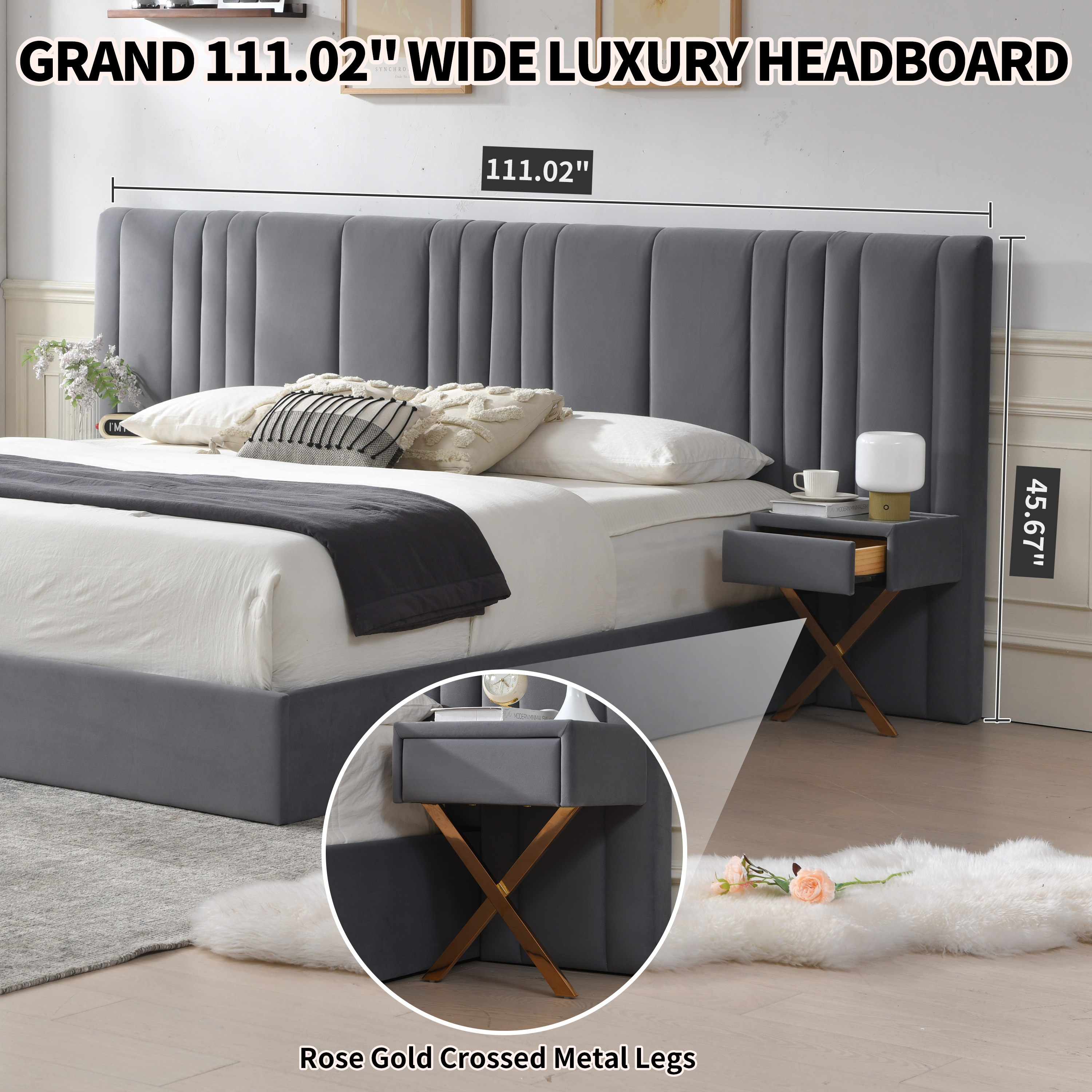 King Size Bed Frame with Built-in Nightstands, Lift Up Storage Bed with Oversize Upholstered Headboard, Luxury Bed Frame with Underneath Storage, Wood Slats Support, No Box Spring Needed, Gray