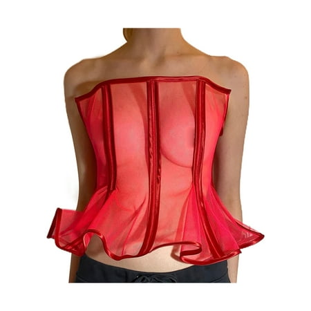 

Sedceaty Women Corset Tops Mesh See-Through Tummy Control Cinch Bustier with Flounce Hem for Ladies S/M/L