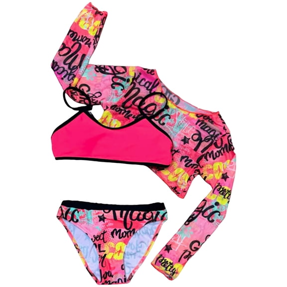 TOWED22 Girls Bathing Suits 3 Piece Swimsuits Bikini Set with Cover Up Mid Rise Swimsuit for Teen Beach 8-14Y Watermelon Red,13-14 Y