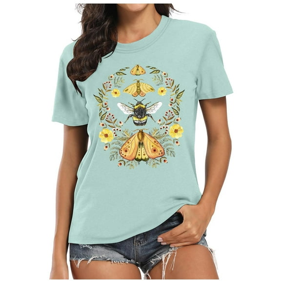 TSADFHJI Womens T Shirts Long Womens Vintage Floral Butterflies Shirts Tops Moon Moth Flower T Shirt Nature Botanical Lovers Summer Tshirts Top Xl Mint Green
