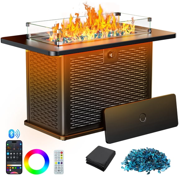 Philergo 43" Propane Fire Pits with RGB Strip, 60,000 BTU Rectangular Gas Fire Pit Table with Glass Beads, Wind Guard and Waterproof Cover for Outside, Patio, APP or Remote Control