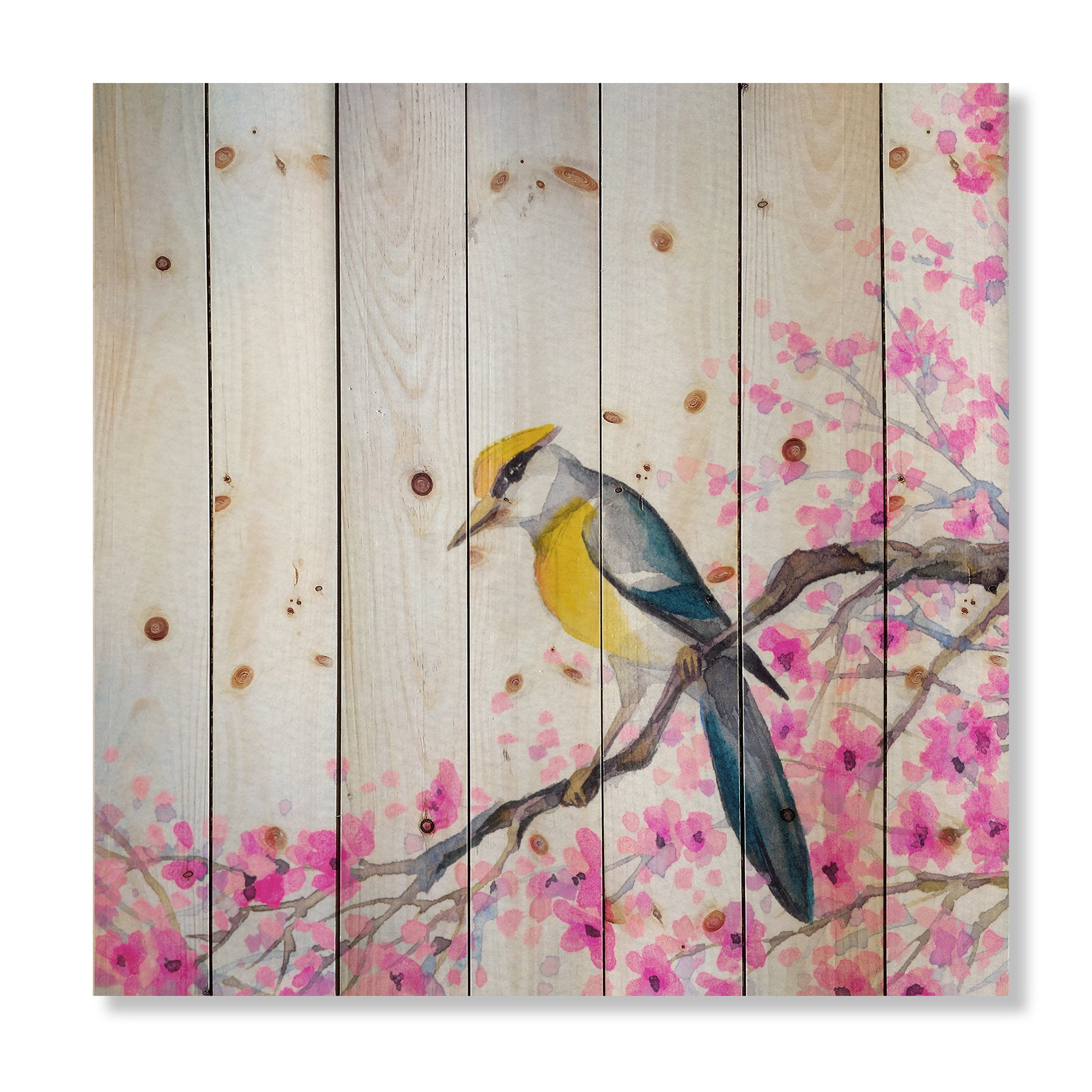 Designart 'Beautiful Bird Sitting On Flowering Branch' Traditional Print on Natural Pine Wood