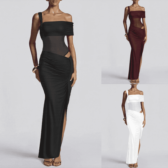 Maxi Dresses for Women One Shoulder Sleeveless Sheer Mesh Panel Sexy Bodycon Cocktail Evening Party Dress XS-L