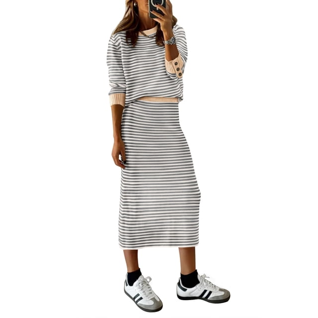 Conjunto de suéter PRETTYGARDEN para mujer, falda midi de punto a rayas, gris