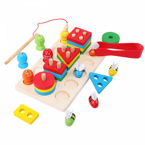 Wooden Fishing Game,Magnetic Fishing Game Wooden Fish 3 in 1 Bee