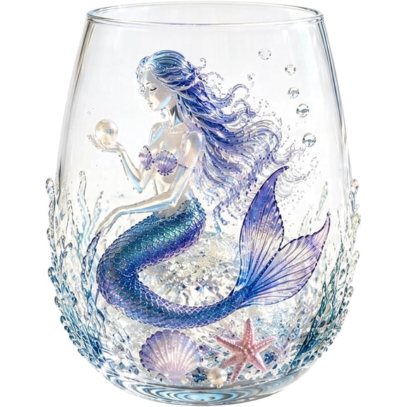 Artisanal Blue Ringed Glassware 3D Mermaid Stemless Wine Glasses Embossed Glass Marine Animal Bar Glass, Stemless Drinking Glass, Coastal Home Decor Gift for OceanLovers