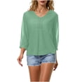 thumbnail image 3 of BRGZLK Women's 3/4 Sleeve Solid Color Summer Gauzy Tops Trendy Button Decoration Henley Shirts Classy Cruise Going Out Outfits, 3 of 6