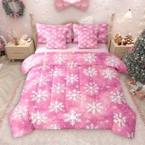 Manfei Cute Cartoon Snowflake 7 Pieces Bedding Comforter Set,Merry Xmas Full Bedding Set,Pink White Fitted Sheet Flat Sheet For Girl Kids,Luxury Bedroom Decor Reversible