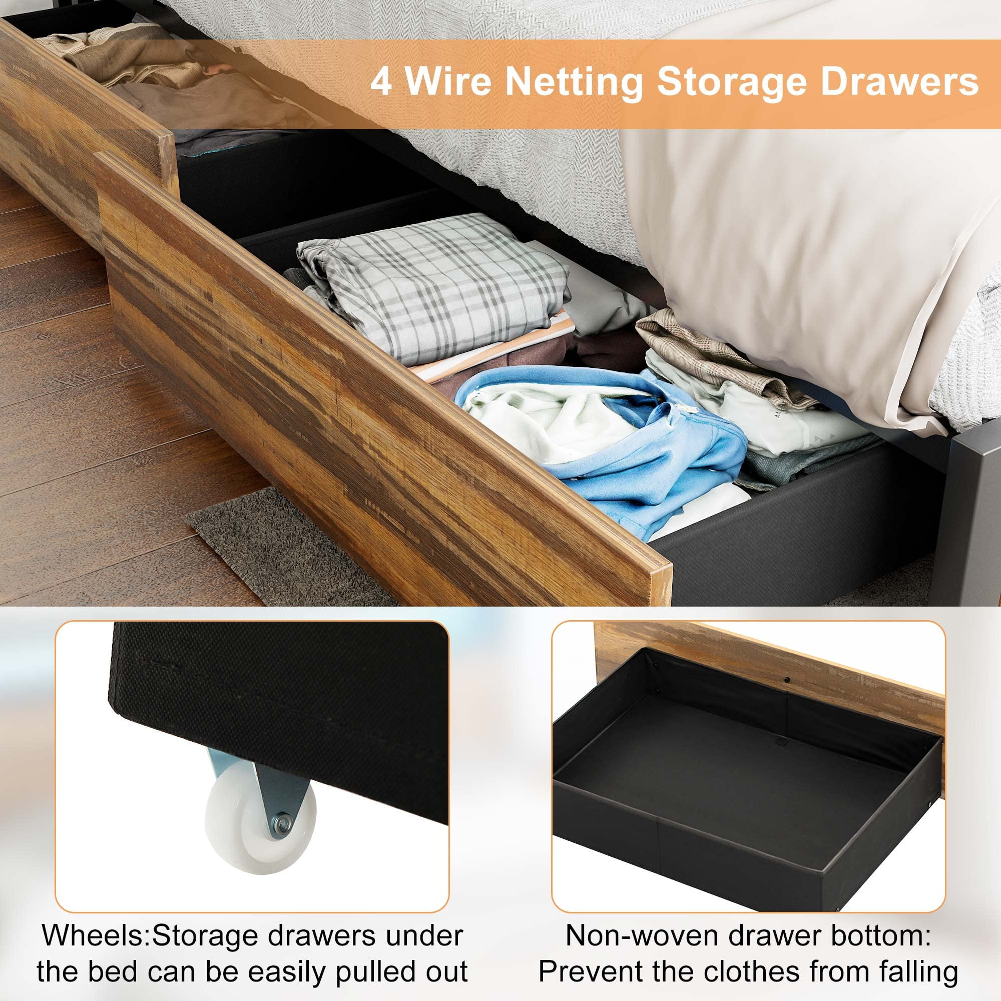 LED Queen Size Bed Frame with Builtin Power Station, USB Ports, and Storage Drawers  (图3)