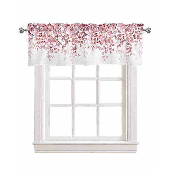 Pink Eucalyptus Leaves Linen Curtain Valance for Bedroom/Bathroom/Kitchen/Office/Living/Dining Room Windows,Abstract Watercolor Branches Rod Pocket Topper Drapes Decorative Cafe Drapery Panel 60x18