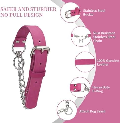 Martingale Collar for Dogs No-Pull Adjustable Training Collar with Stainless Steel Chain - Genuine Leather Anti-Slip Design for Small,Medium,Large Breed Dogs - Pink (S)