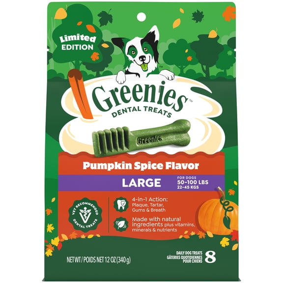 Greenies Pumpkin Spice Flavor Adult Natural Dental Dog Treats Large Size, 12 oz Pack (8 Count)