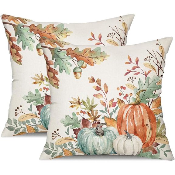 Fall Pillow Covers 16x16 inch Set of 2 Orange and Green Watercolor Pumpkin Fallen Leaves Decorative Throw Pillow Covers Autumn Thanksgiving Farmhouse Decoration for Home Couch TH27-D16