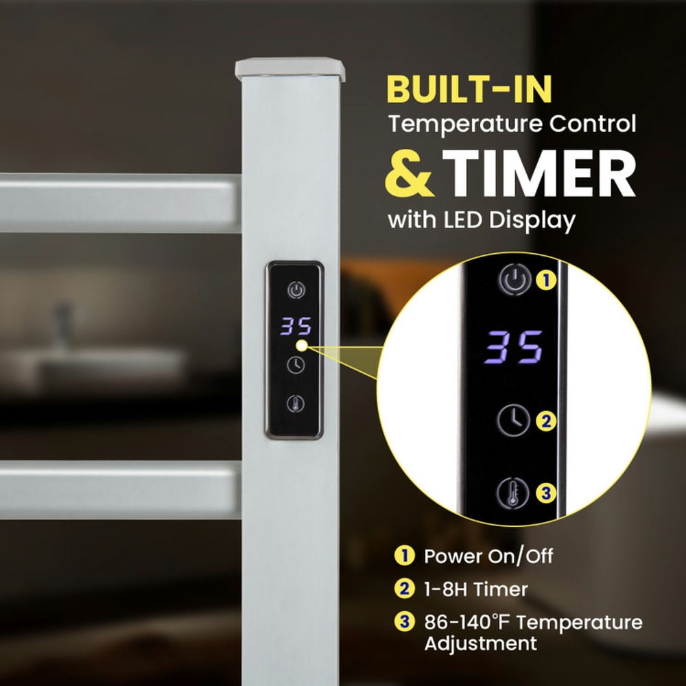 Finihen Wall Mounted Towel Warmer, Towel Rack, Towel Holder, Freestanding and Wall-mounted 6 Bars Towel Warmer with Timer and LED Display, for Bathroom, laundry Room, Silver