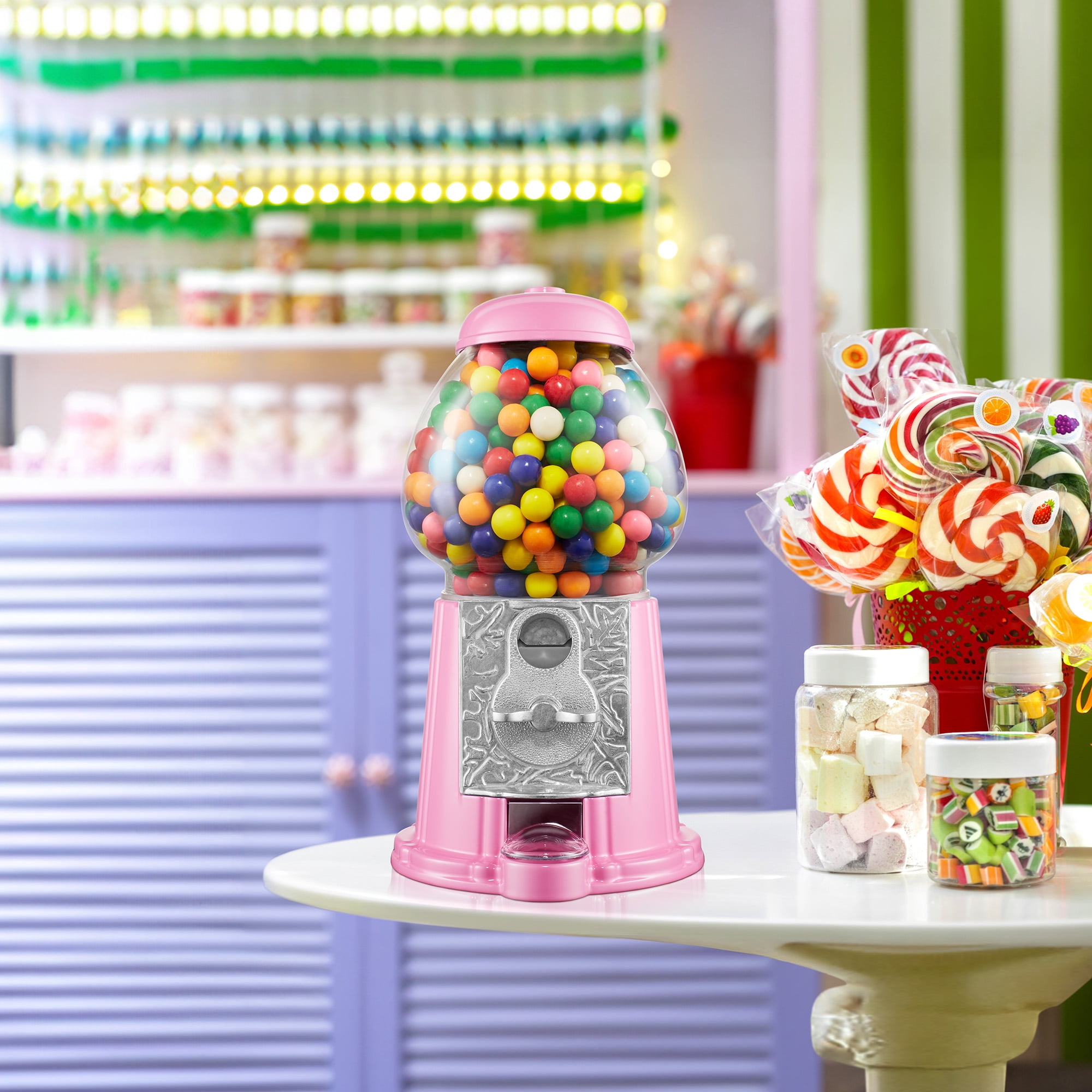 Olde Midway 12" Gumball Machine with Coin Bank - Pink, Antique-Style Bubble Gum Candy Dispenser
