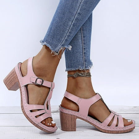 

MIASHUI shoes for women Women Fashion Square Heels Breathable Peep Toe Sandals Buckle Strap Beach Shoes