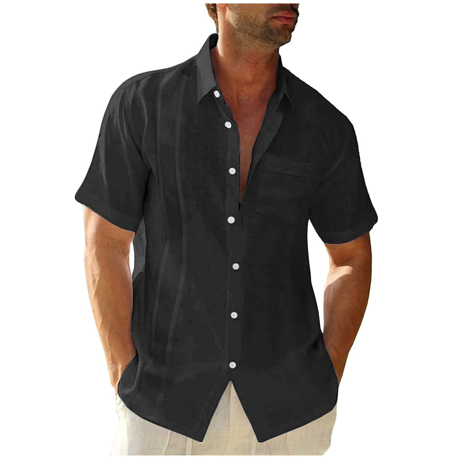 ATIXEL Mens Simple Button Shirts Cotton Linen Shirts Short Sleeve ...