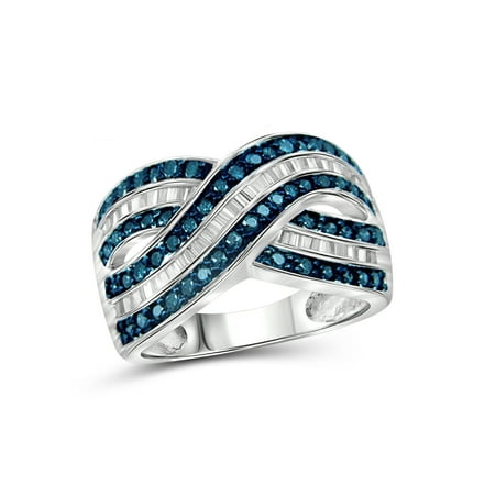 - 1.00 CTW Round & Baguette cut Blue & White Diamond Crossover Sterling Silver Ring