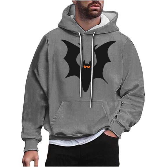 Mens Halloween Stylish Hoodies Plus Size Bat Printed Long Sleeve Sweatshirts Workout Clothing with Pockets